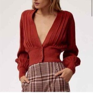 Wilfred Plunge Thais Cardigan Wine Red Merino Wool Balloon Sleeve cropped XS S
